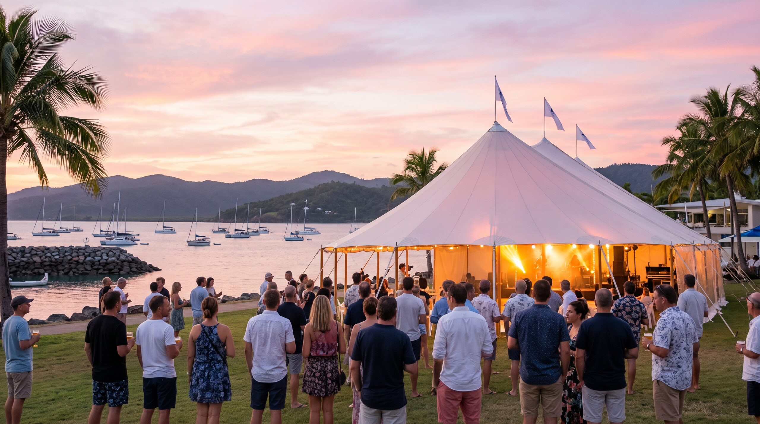 Airlie Beach Festival of Music 2026: Dates, Venues, Passes and Where to Stay (6-8 November) 1 Crowd at dusk outside the waterfront main tent at the Airlie Beach Festival of Music 2026 at the Whitsunday Sailing Club.