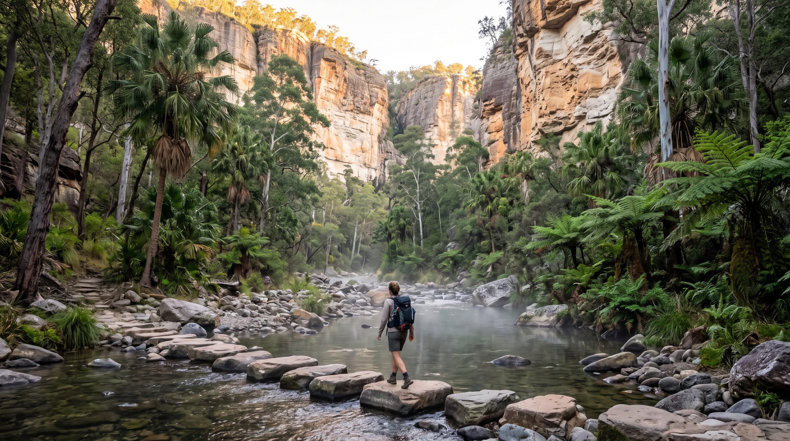 Carnarvon Gorge Guide: When to Go, School-Holiday-Only Camping and Which Walks Are Open in 2026 1 A walker crossing Carnarvon Creek on stepping stones beneath sandstone cliffs in Carnarvon Gorge, Queensland.