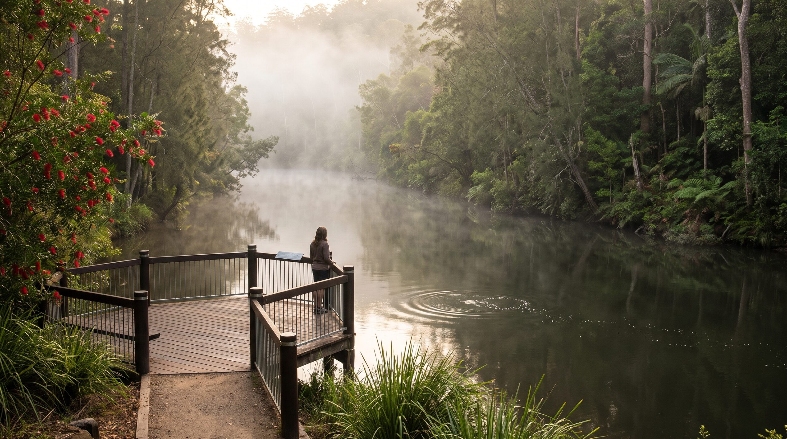 Platypus Spotting at Eungella National Park: How to See Wild Platypus at Broken River 1 Mist over Broken River at dawn, a favourite spot for Eungella platypus viewing in Eungella National Park near Mackay.