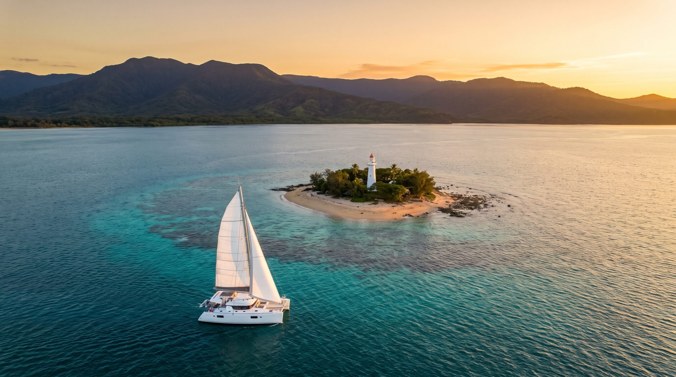 Rainforest to Reef: Port Douglas's New Tour Pairing the Mossman Gorge Dreamtime Walk with a Low Isles Sail 1 Catamaran sailing to the coral cay and lighthouse at Low Isles on the Mossman Gorge and Low Isles tour from Port Douglas