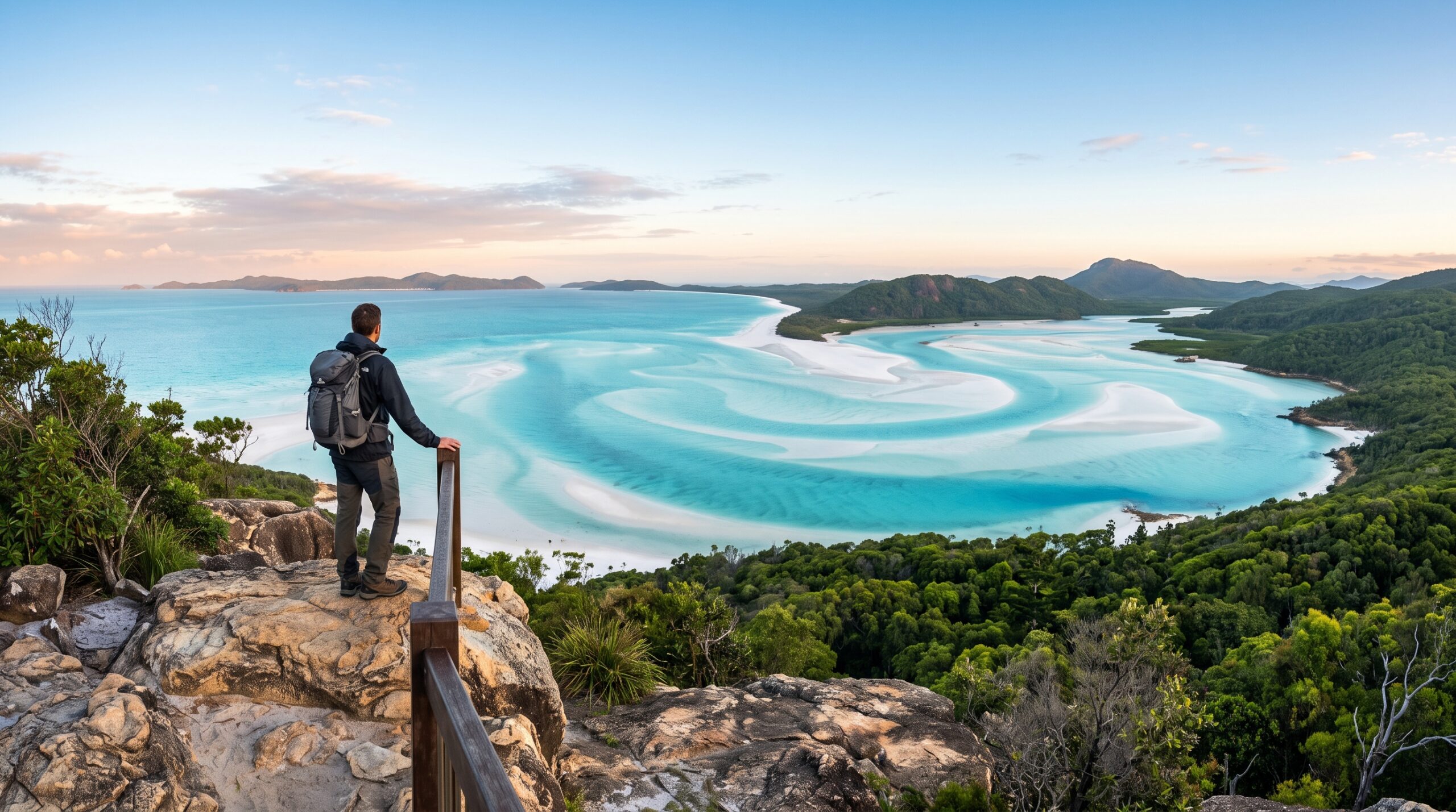 Inside the Ngaro Track: Queensland's Hottest New Island Hike from Whitehaven Beach to Hill Inlet 1 A hiker looks over the swirling sands of Hill Inlet at the end of the Ngaro Track Whitsundays walk.